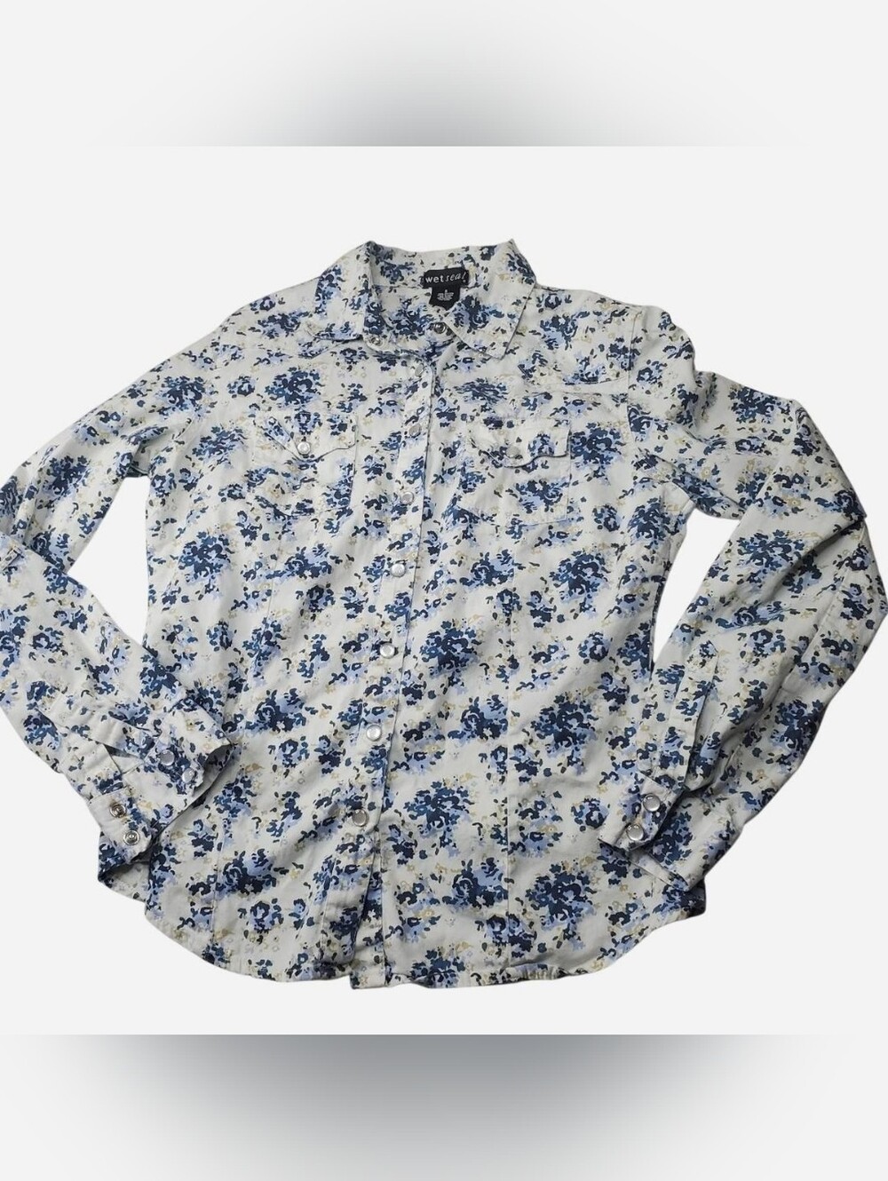 Vtg Y2k Wet Seal Button Down Top Womens Small White Blue Floral Office Siren - Picture 8 of 10